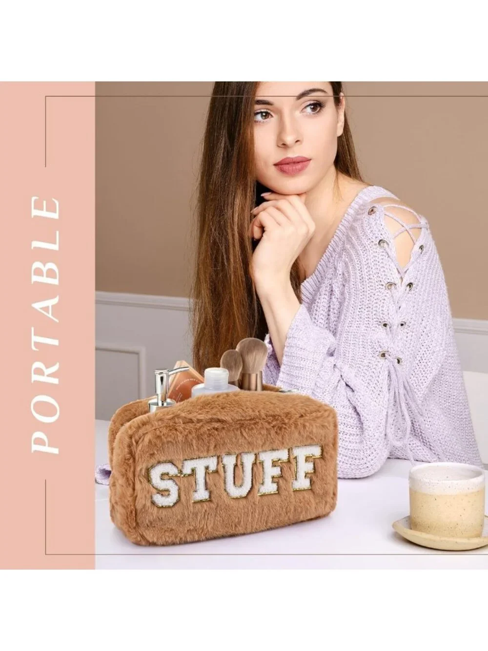 4-Piece Preppy Makeup Bag Set - Chenille Faux Fur Toiletry Pouches for Travel